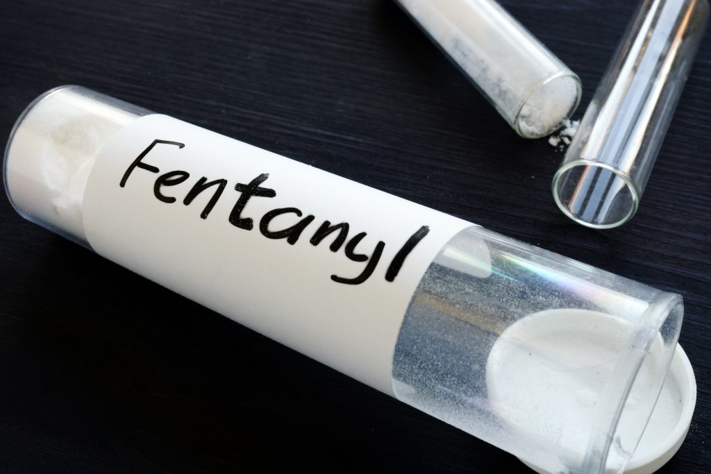Test tube with label "Fentanyl" - a potent synthetic opioid used for pain relief