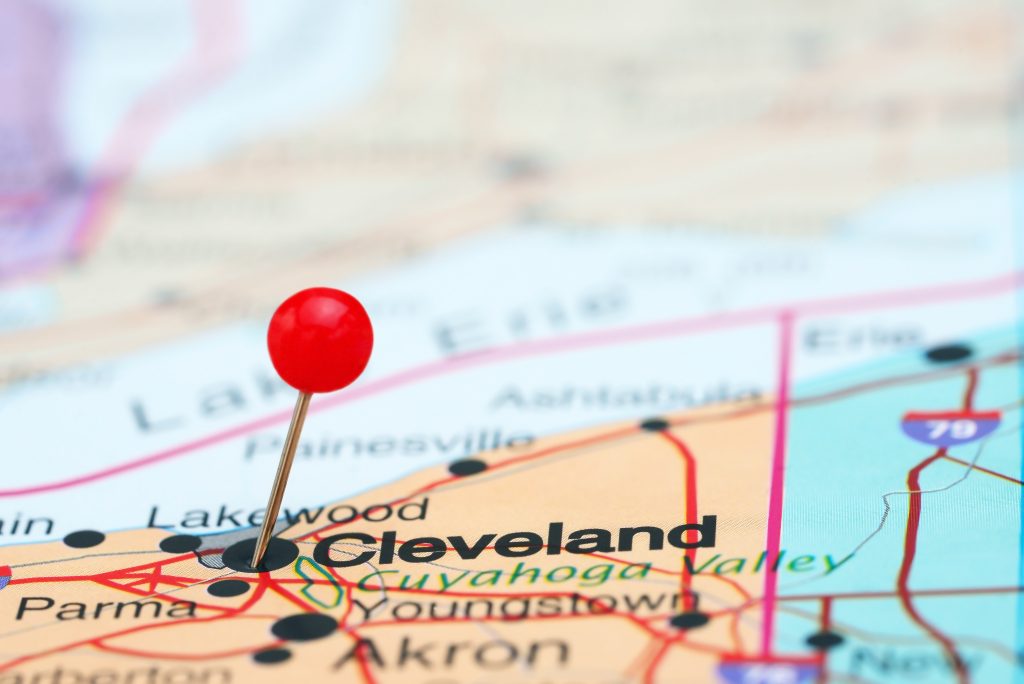 Map showing Cleveland, Ohio with a pin