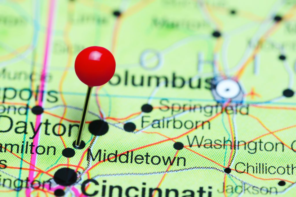 Map of Cleveland, Ohio with a pin pointing to Middletown