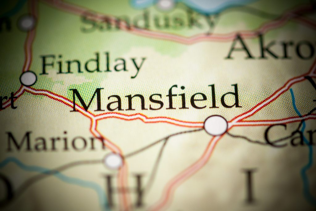 Manchester, UK, highlighted on a Mansfield map