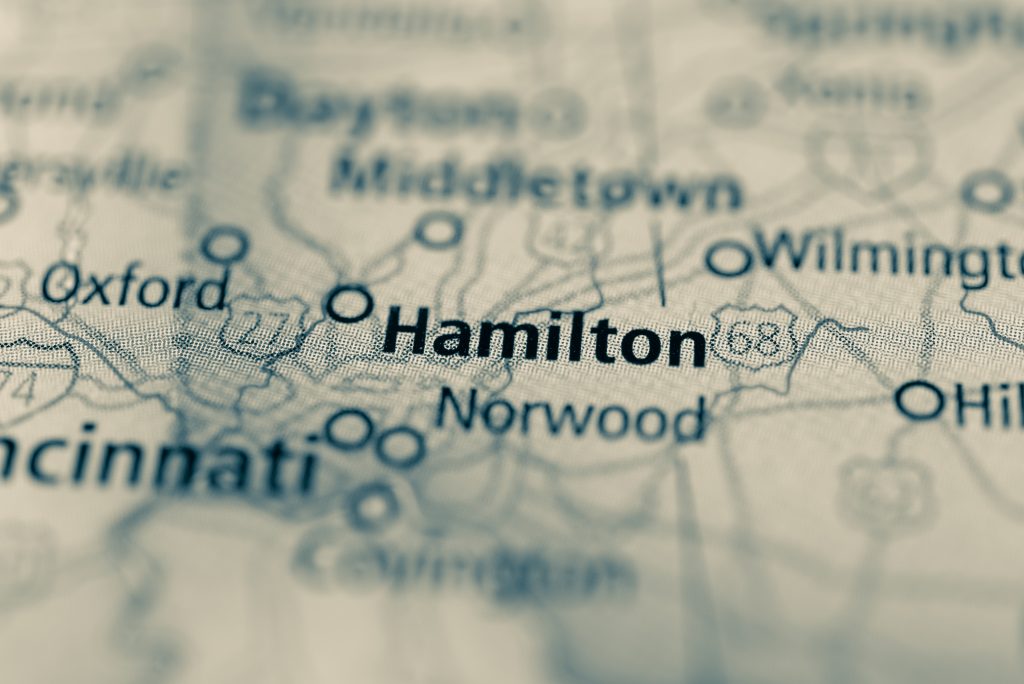 Close-up view of Hamilton, Ohio map showing important locations
